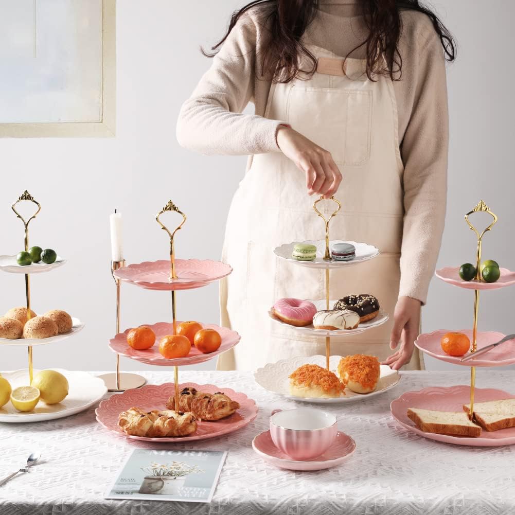 Sweejar 3 Tier Ceramic Cake Stand Wedding, Dessert Cupcake Stand for Tea Party Serving Platter(Rose White)