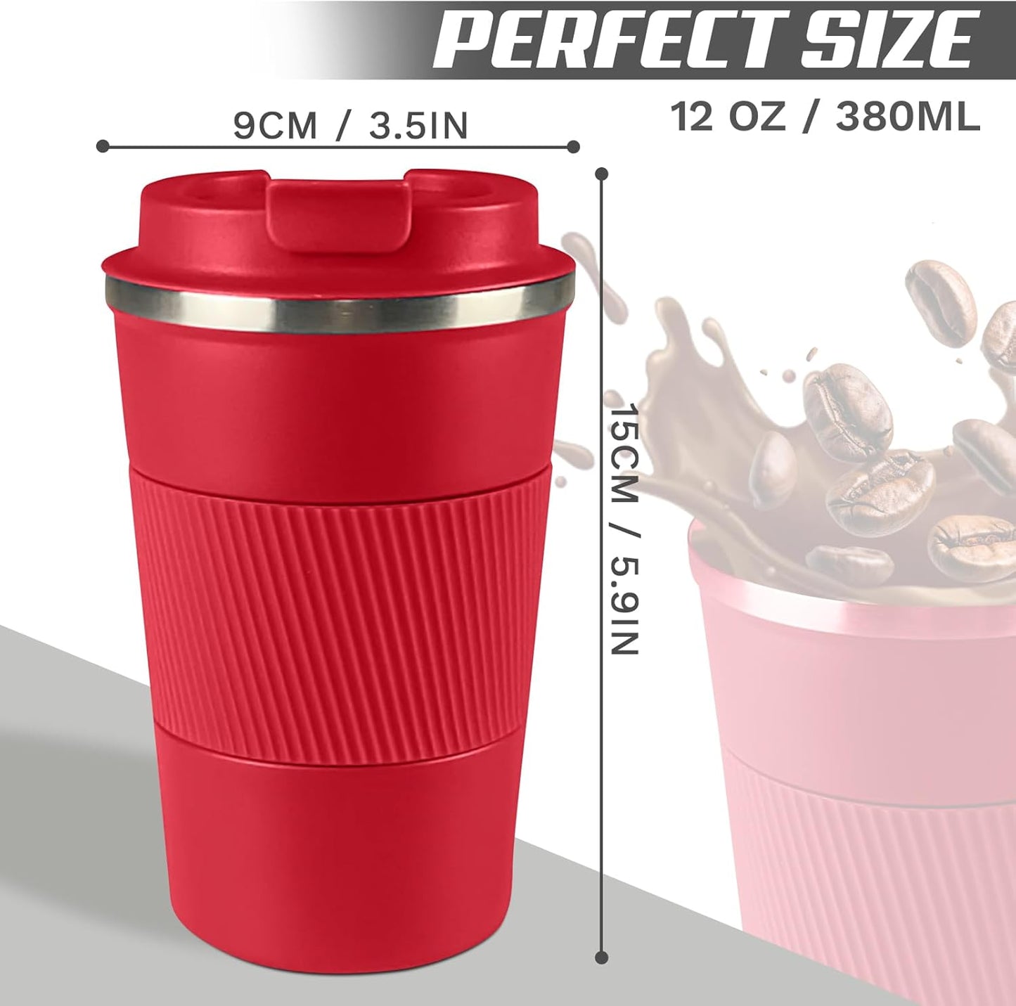 Vacuum-Insulated Stainless Steel Travel Coffee Mug, Leak-Proof Reusable Coffee Cup with Lid - Keep Hot & Cold Drinks for Hours, Durable Thermos Tumbler for Men & Women (3rd-Red, 12OZ)