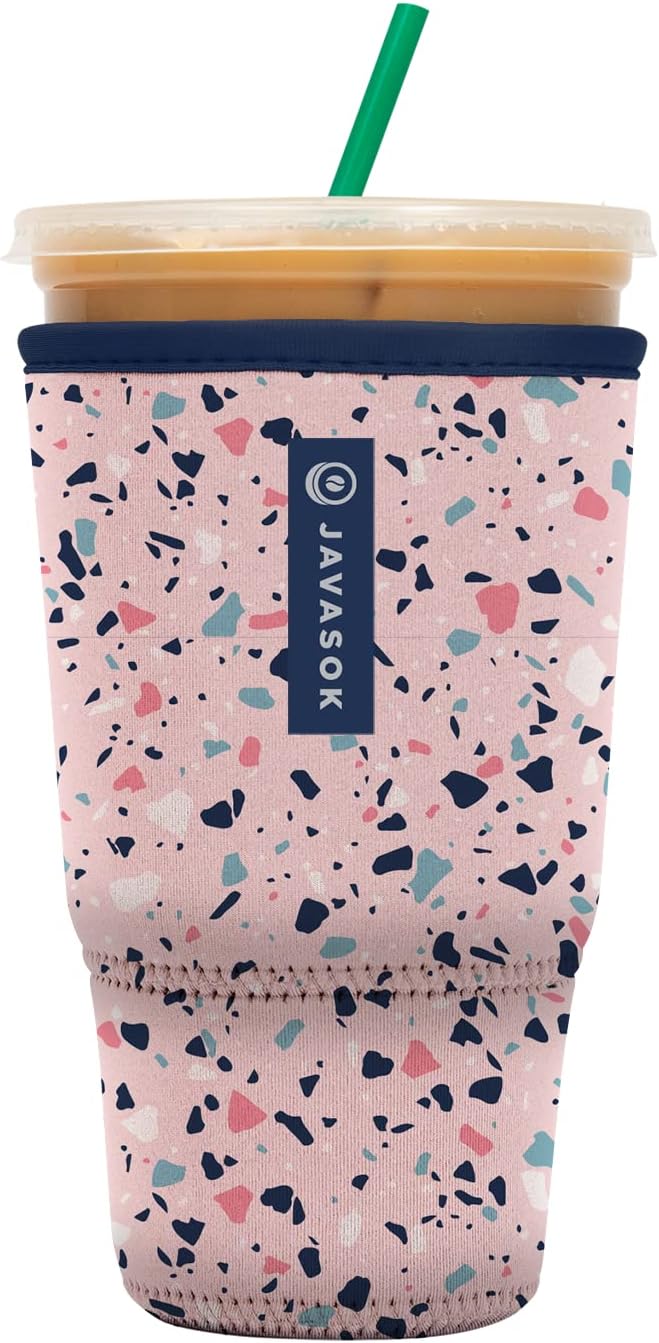 Sok It JavaSok Iced Coffee & Cold Soda Insulated Neoprene Cup Sleeve (Pink Terrazzo, XLarge: 38-42oz)