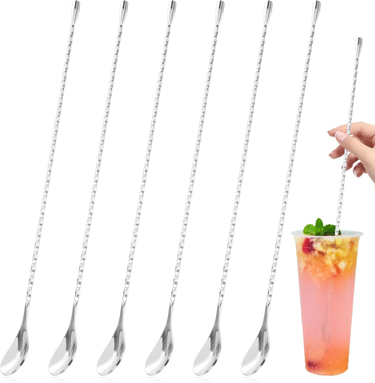 cobee 6 Pcs 15.7 In Cocktail Spoons, Stainless Steel Extra Long Bar Spoon Spiral Mixing Stirrer Drink Shaker Spoon for Tall Cups Cocktail Shaker(Silver)
