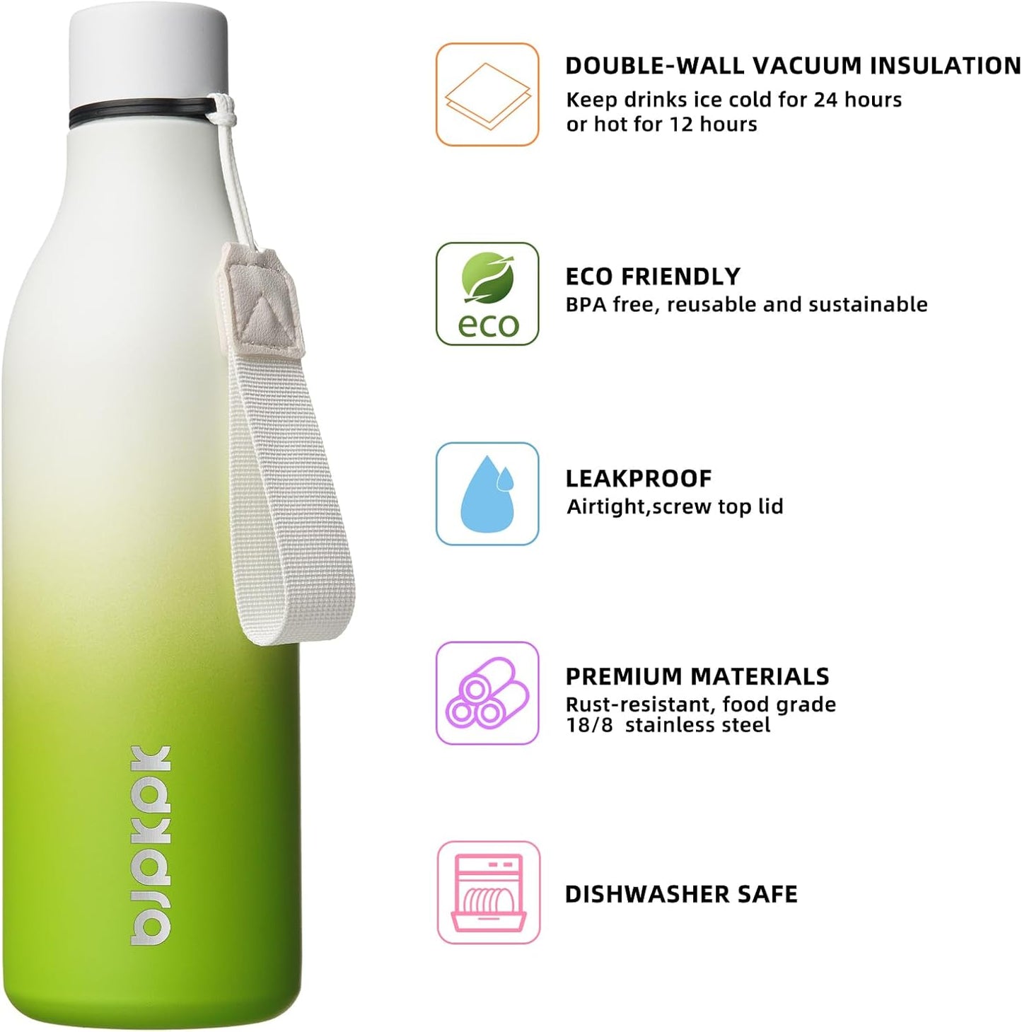 BJPKPK Insulated Water Bottles, 25 oz Stainless Steel Metal Water Bottle with Strap, BPA Free Leak Proof Thermos, Mugs, Flasks, Reusable Water Bottle for Sports & Travel, Elegant Green