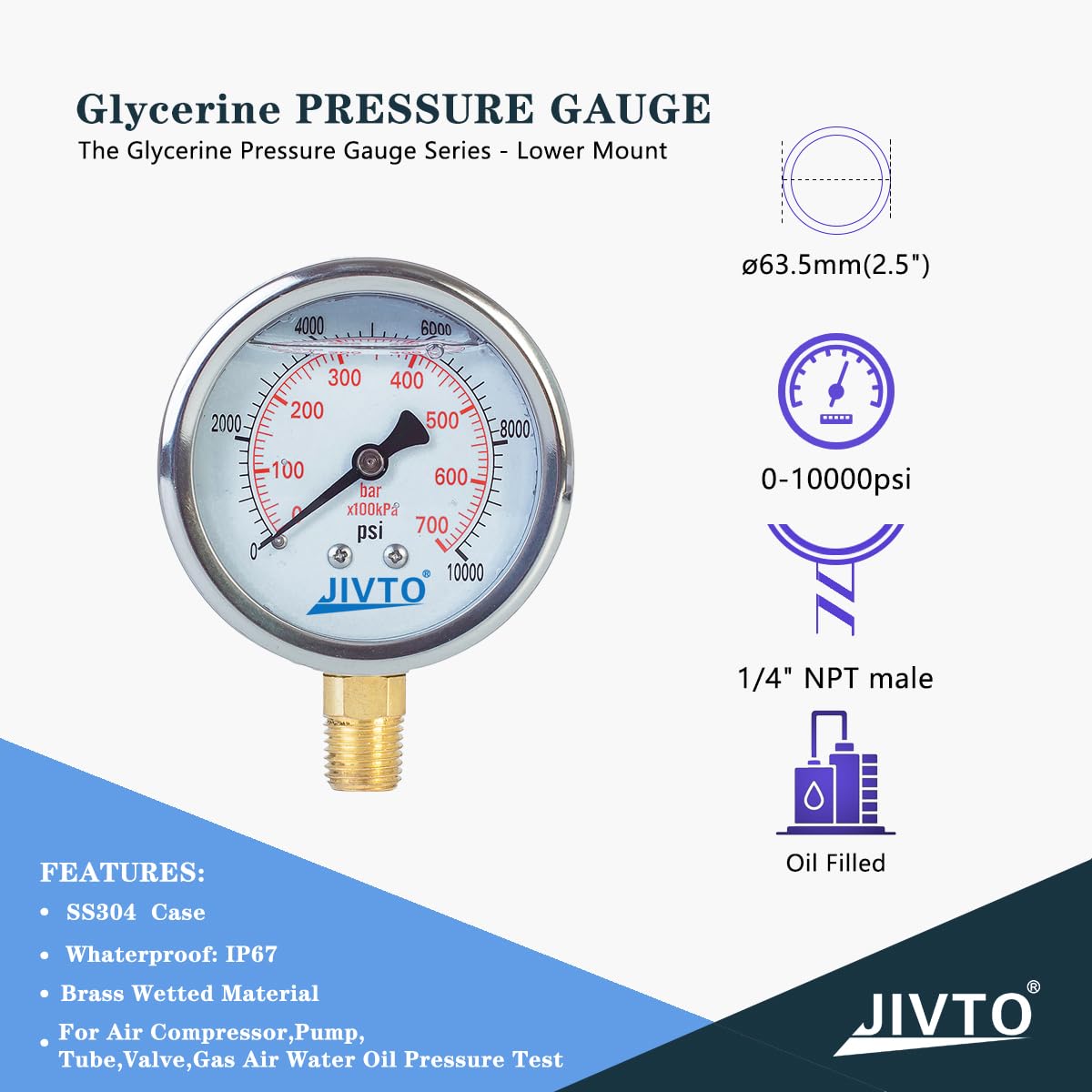 Pressure Gauge,Glycerin Liquid Filled,2.5" Dual Scale Dia,0-10000 psi/bar/kpa,1/4" NPT Male Brass Connection,Lower Mount, Stainless Steel Case,for Pneumatic,Pump,Hose,Well Tank,Gas Air Water Oil
