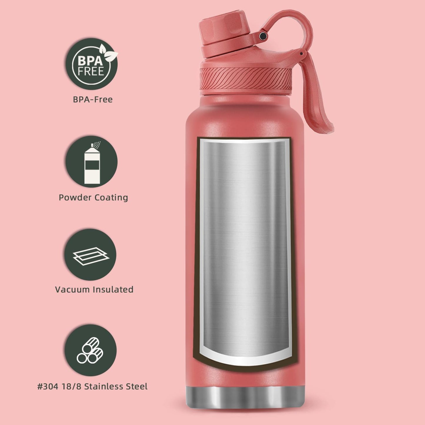 IDEUS Insulated Stainless Steel Water Bottle with 2 Leak-Proof Lids, Thermal Water Flask for Hiking Biking, 40oz, Red