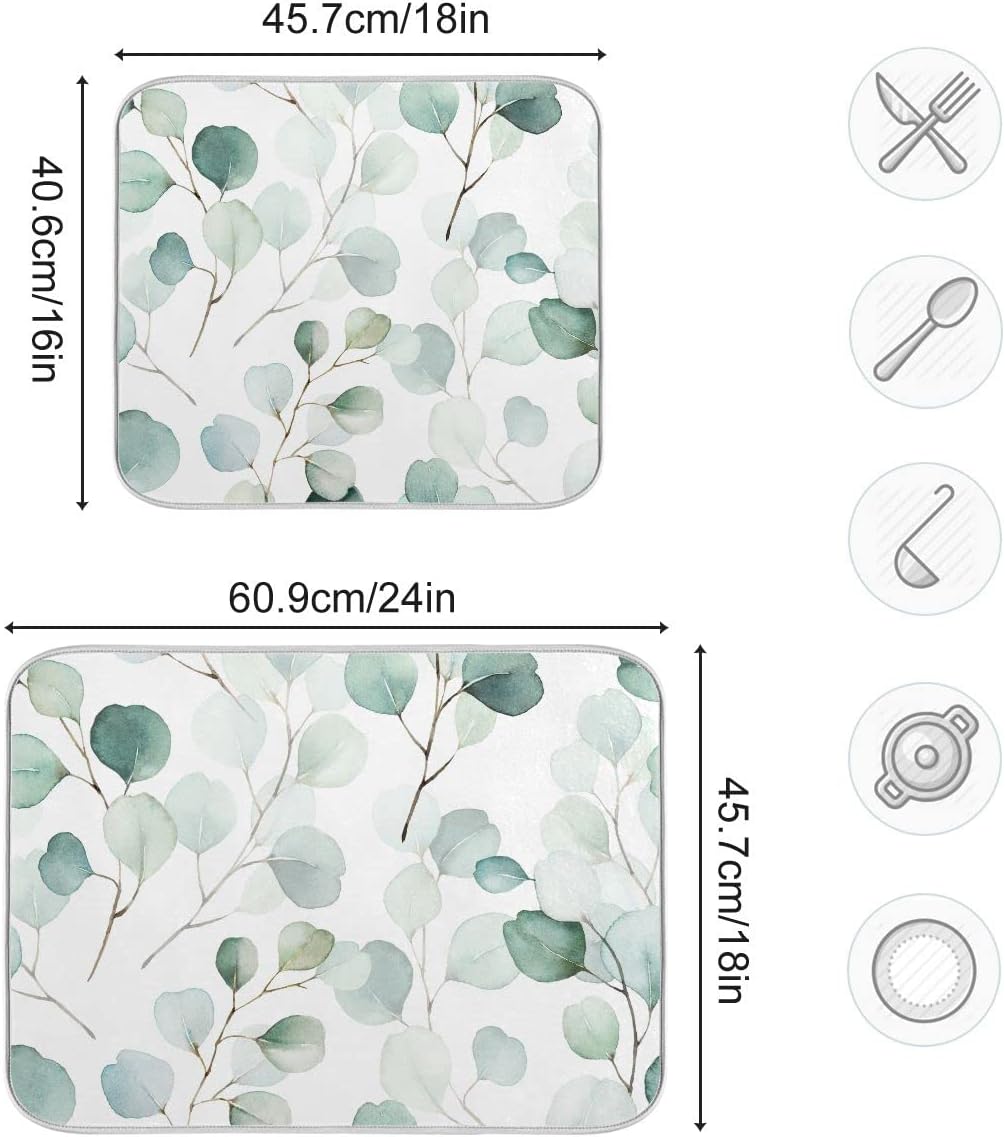 Sage Green Leaves Dish Drying Mat for Kitchen Counter Watercolor Branch Plant Drying Mat 18 x 24 Inch with High Absorbent Reversible Microfiber Dish Drying Pad Drainer Mat for Coffee Bar