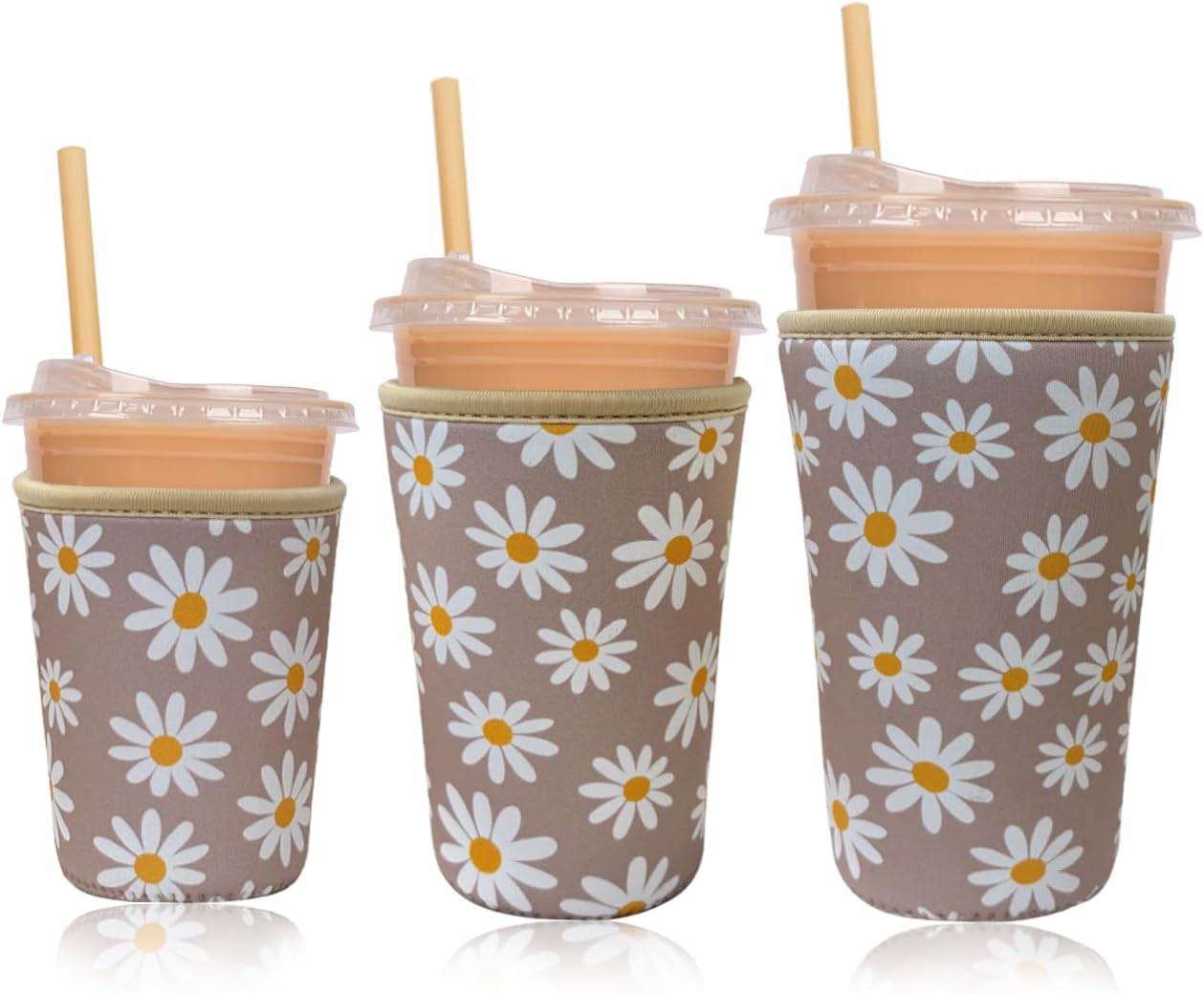 Reusable Insulated Neoprene Iced Coffee Cup Sleeve, Durable Drink Sleeve for Cold Beverages, Beverage Holder for iced coffee, Sunny Daisies