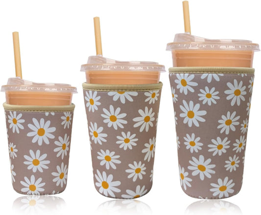 Reusable Insulated Neoprene Iced Coffee Cup Sleeve, Durable Drink Sleeve for Cold Beverages, Beverage Holder for iced coffee, Sunny Daisies