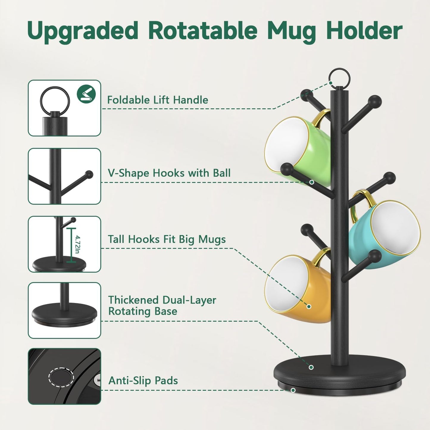 EsLuker.ly Mug Holder Tree Bamboo 360° Rotating Coffee Cup Display Rack with 6 Hooks for Home Kitchen Counter, Upgrade Wood Mug Stand Station Organizer, Building Your Dream Coffee Corner, Black