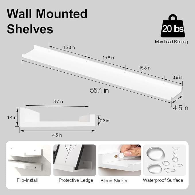 White Floating Shelves for Wall Decor, Long Wall Mounted Storage Shelf for - Image 3