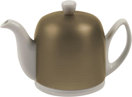 Salam Luxury French Tea Pot - Porcelain Teapot with Bronze Stainless Steel Cover, Ceramic Tea Kettle for Loose Tea, Removable Infuser, 6 Cup Capacity, 36oz - White