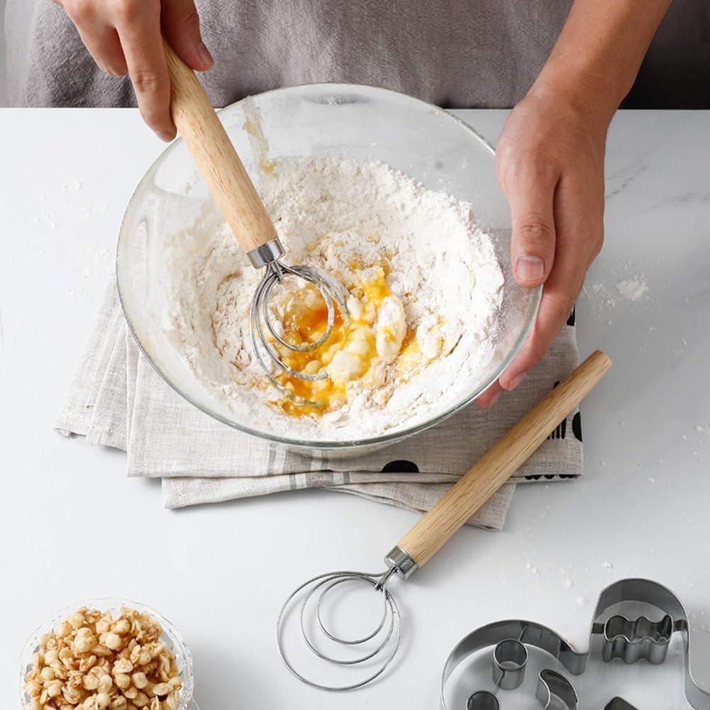 Danish Dough Whisk with Dough Scraper 10" Dutch Bread Whisk Bread Mixer Stainless Steel Dutch Bread Dough Whisk with Wooden Handle Dutch Whisk Baking Tools for Sourdough, Pizza, Pastry, Cake