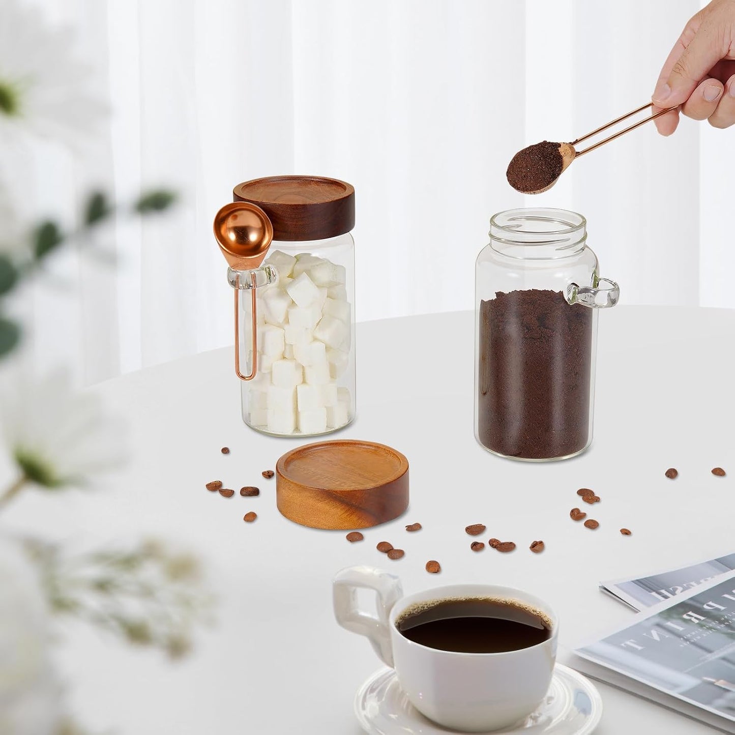 Glass Coffee Jars Spice Jar Round Storage Canister with Wooden Lid Clear Glass Food Jar for Pantry Sugar Tea Coffee Bean Spice Nuts Cookies Bath Salts (2×550ml(18oz) with spoon)