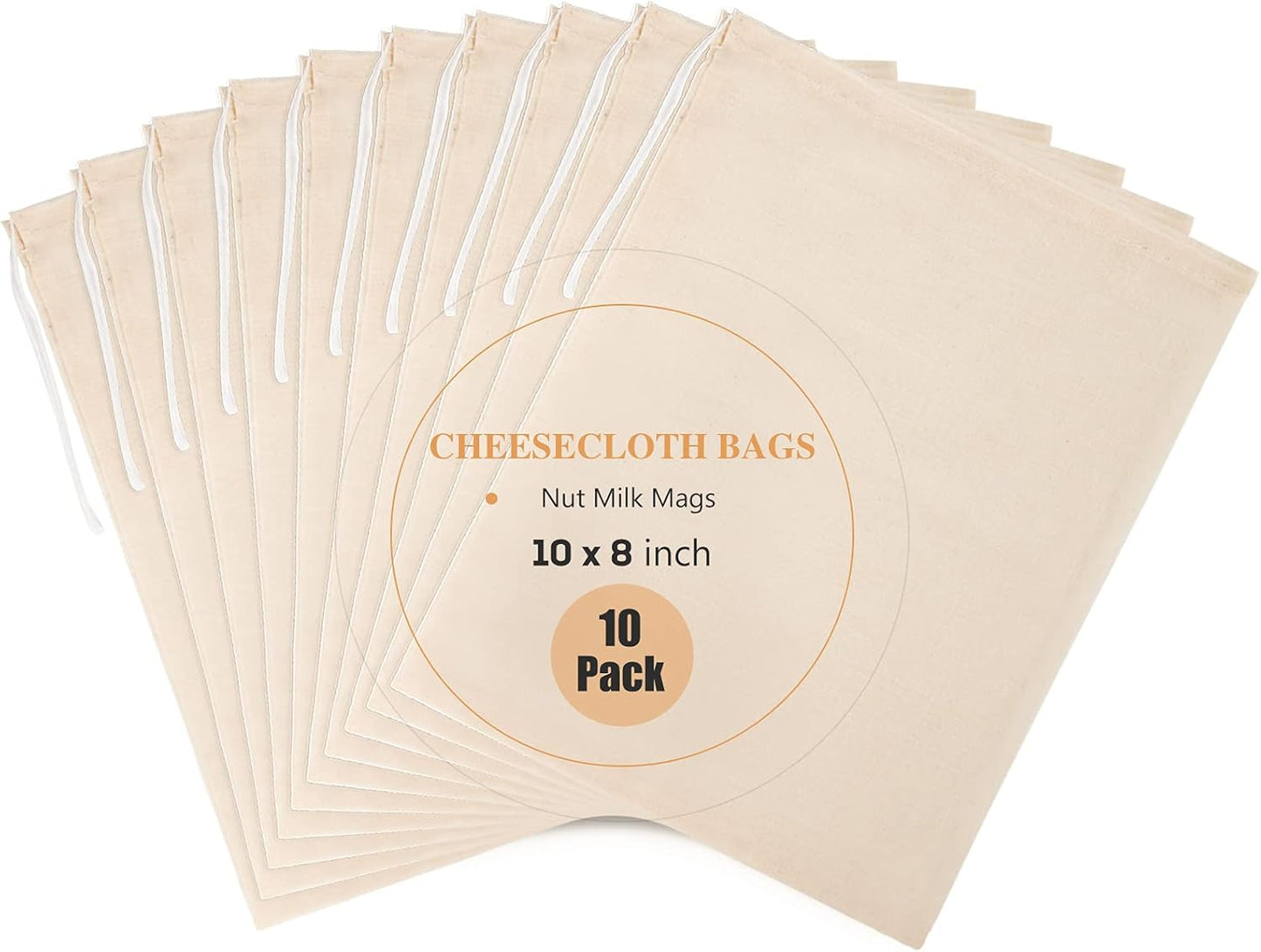 10 Pack Nut Milk Bag, 8‘’ x 10‘’Fine Mesh Grade Reusable Cheesecloth Bags Strainers, Unbleached Organic Cotton Filter Bags for Almond Milk, Juices, ColdBrew, Cheese, Tea, Yogurt, Coffee
