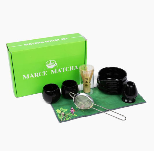 Marce Matcha Whisk Set- Matcha Set includes Matcha Whisk and Bowl (Bowl with Spout), Sifter, Holder and Scoop- The Perfect Bamboo Whisk for Matcha Tea (Black- 7PC)