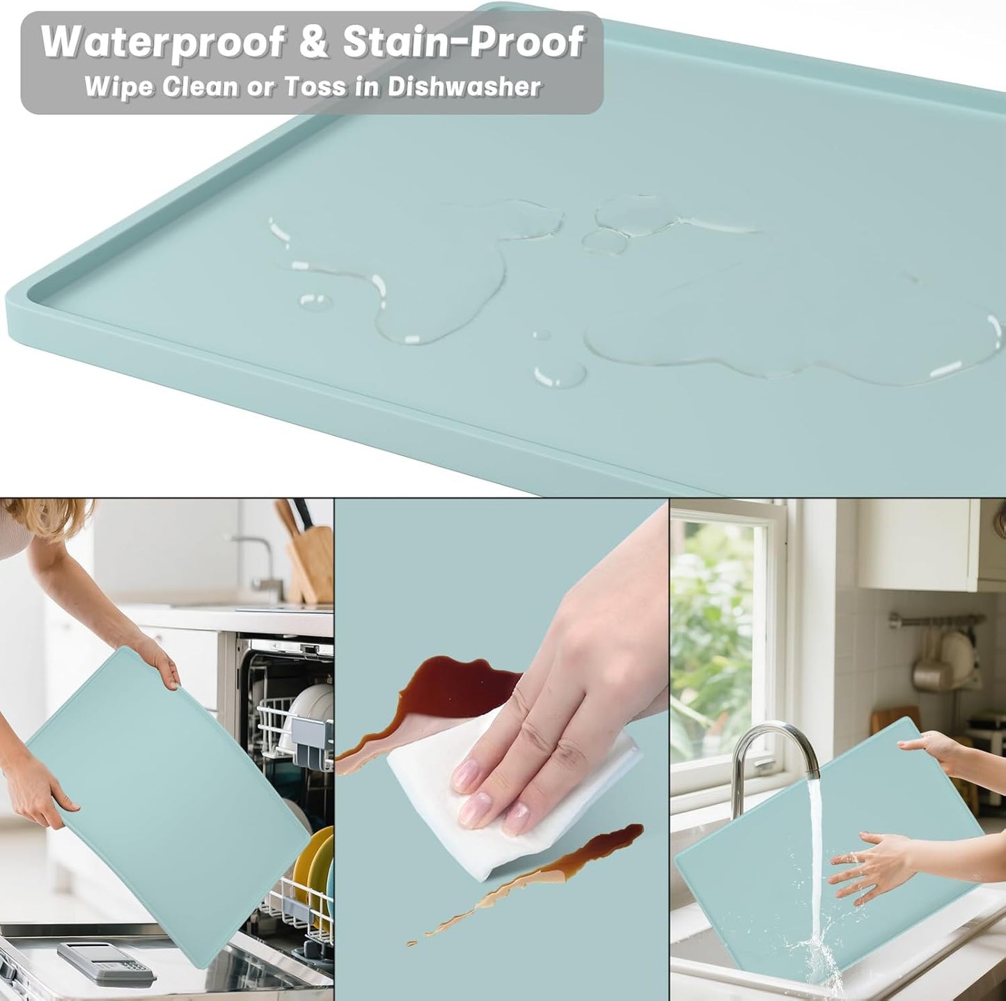 Rnivvi Silicone Coffee Mat, 16" x 24" Waterproof Raised Edge Coffee Bar Mats for Espresso Machine Station Accessories, Heat Resistant Detachable Dish Drying Pad for Kitchen Counter, Shadow Green