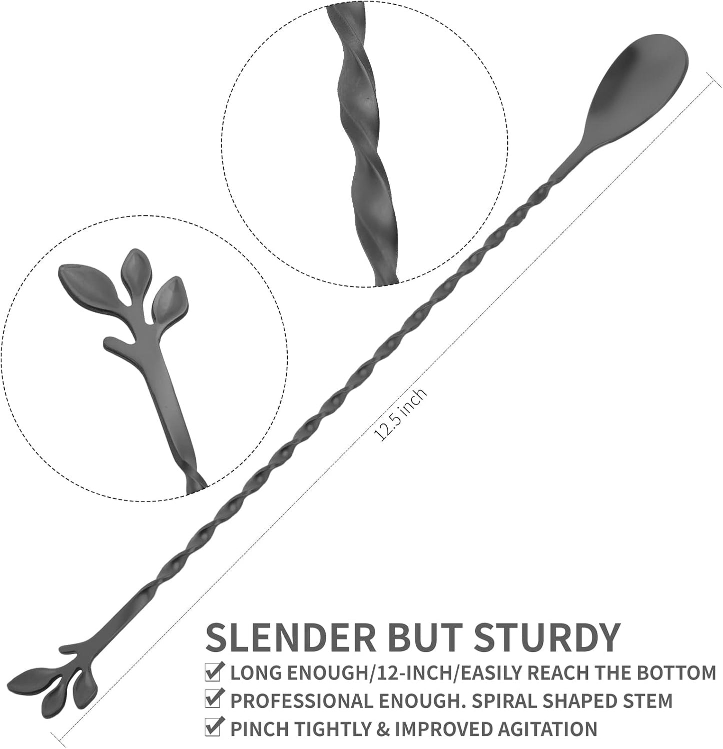 AnSaw Black 12-Inch Stainless Steel Cocktail Spoon with Leaf Handle - Perfect for Mixing & Layering Drinks in Tall Cups, Bar & Shakers - Durable Long Handle Bar Stirrer,1-Pieces