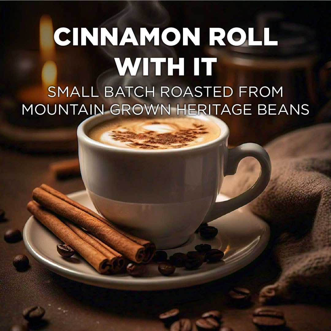 Maud's Cinnamon Roll Flavored Coffee Pods, 18 ct, Medium Roast Flavored Coffee in Recyclable Single Serve Pods – 100% Arabica Beans, Compatible with Keurig K Cups Maker