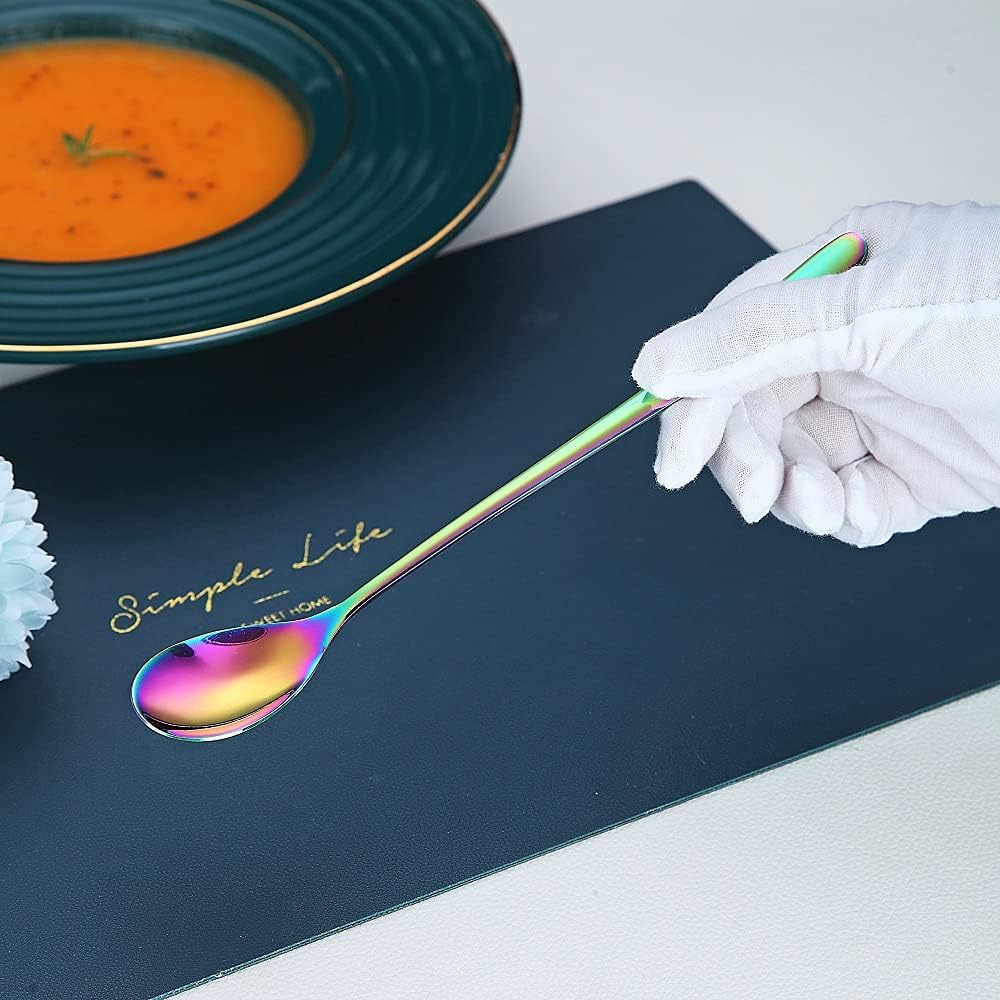 Rainbow Long Handle Spoons, Coffee Stirrers, Premium Stainless Steel Coffee & Ice Cream Spoons, Set of 6 (Colorful)