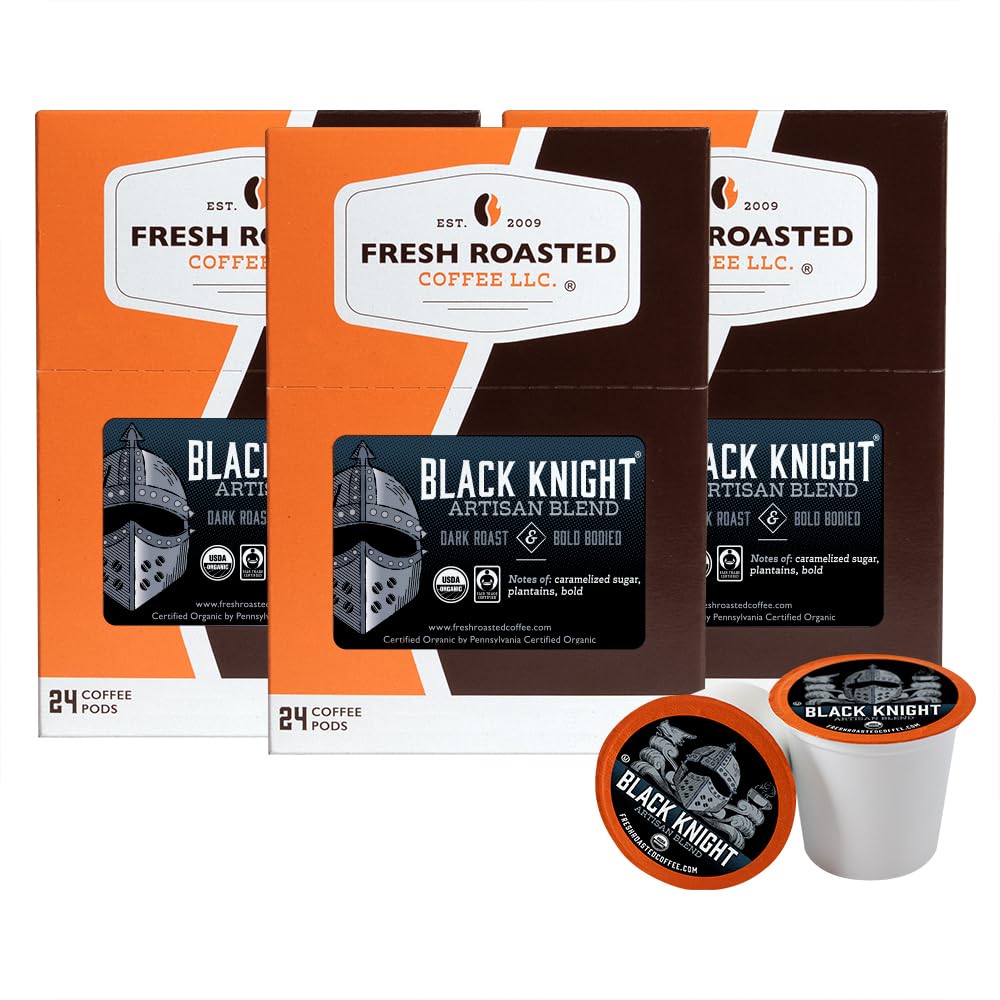 Fresh Roasted Coffee, Organic Black Knight | USDA Organic, Kosher | Dark Roast 72 Pods for K Cup Brewers