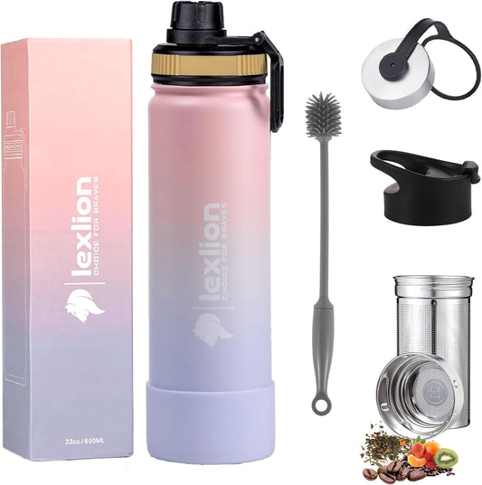 Lexlion Tea Infuser Bottle - Fruit Infuser Water Bottle 22 Oz, Triple Walled Insulated Stainless Steel Bottle, Thermal Leaf, Silicone Sleeve, 3 Lids Leakproof, Metal Mug Gallon