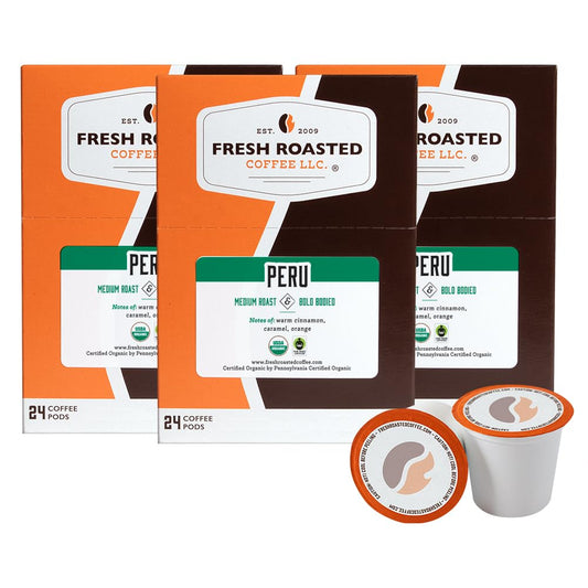 Fresh Roasted Coffee, Organic Peru | Mold & Myco 3rd Party Tested, USDA Organic, Kosher | Med Roast 72 Pods for K Cup Brewers