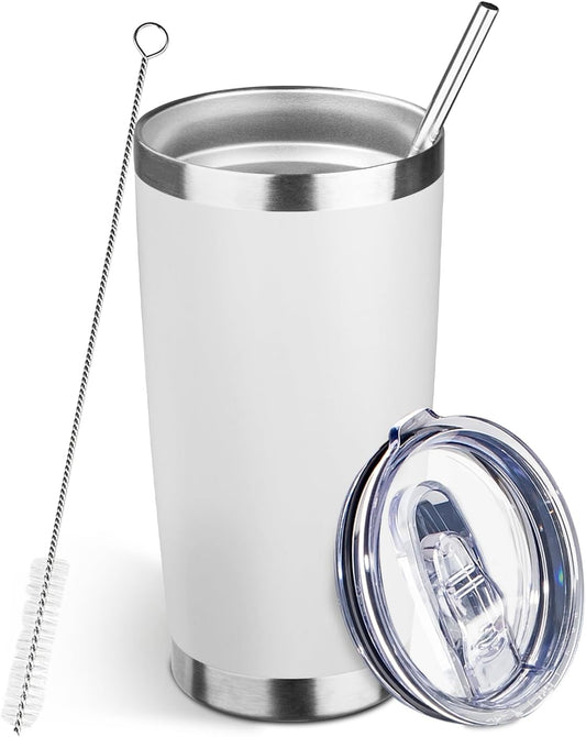 20oz Tumbler Bulk with Lid and Straw, Stainless Steel Double Wall Vacuum Insulated Travel Mug, Powder Coated Coffee Cups for Hot and Cold Drinks,Funny Gifts for Women Men(White,1)