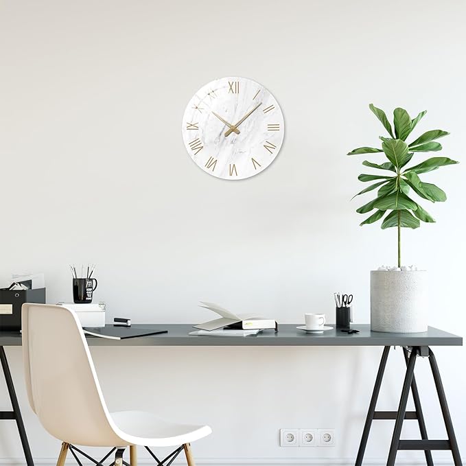 Round Marble Battery Wall Clock Modern 14 Inch White Minimalist Wall Clock - Image 4