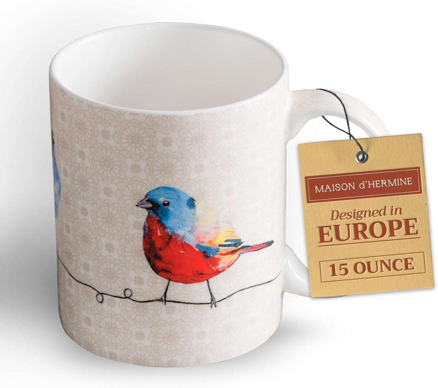 Maison d' Hermine Coffee Mug with Handles Fine Bone China Mugs Pack of One Tea Cups for Hot Beverages Cappuccino Latte Home Restaurant Office Perfect for Gift (Birdies On Wire - Robin, 15 Ounce)
