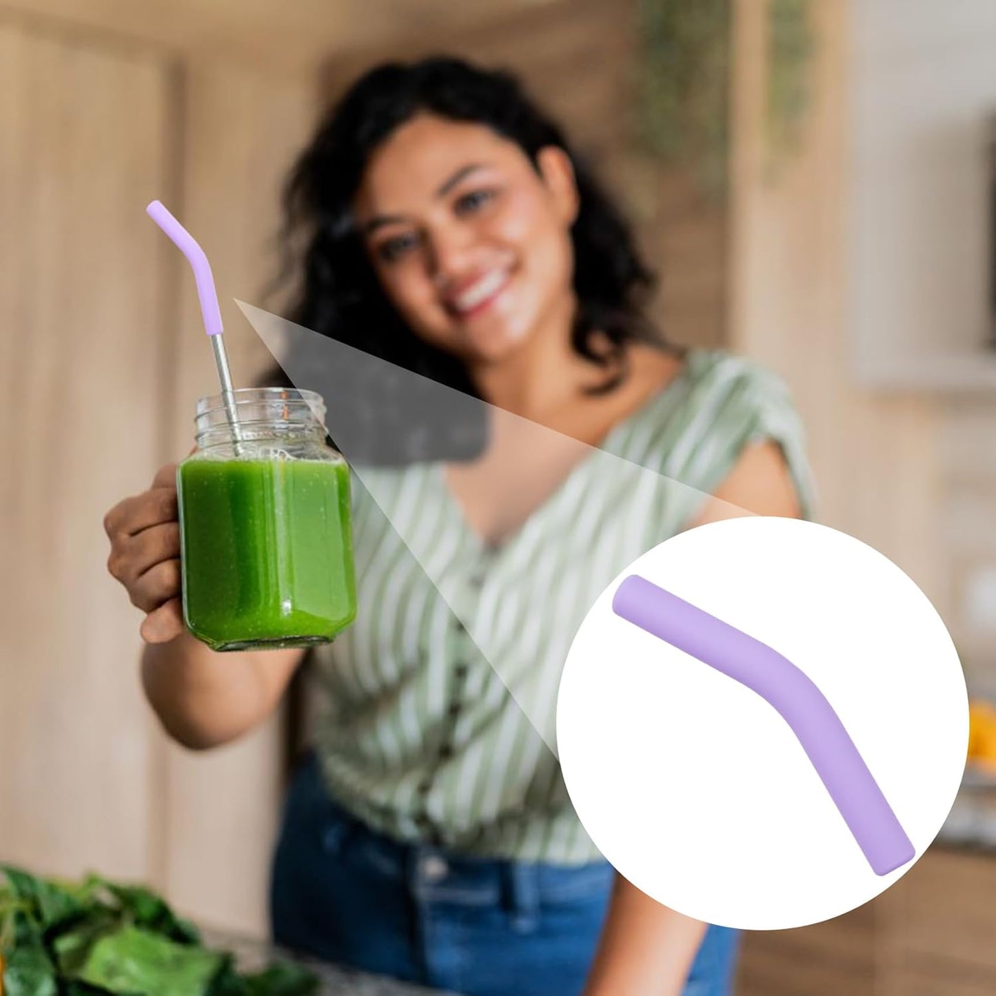 6pcs Food-Grade Silicone Metal Straw Tips, Reusable Flex Elbow Straws Cover Replacement Tips, Soft Straw Toppers Kits for 8 mm Stainless Steel Metal Straws - Light Purple