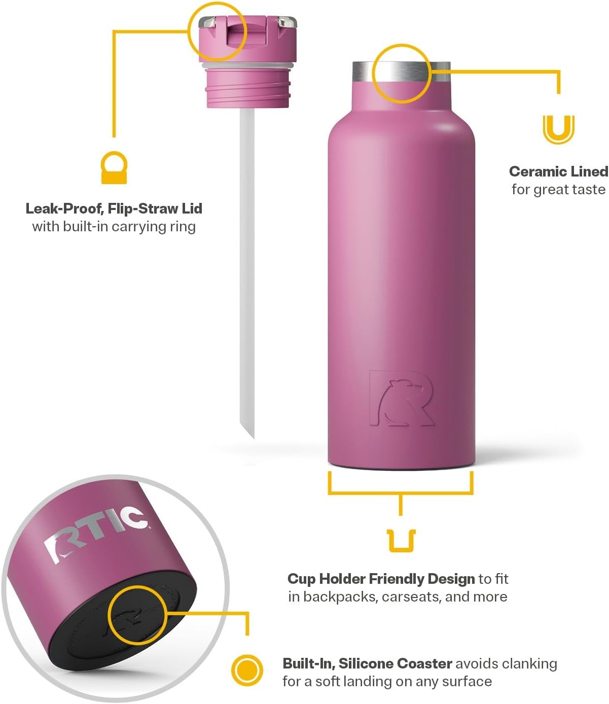 RTIC 16oz Journey Bottle Metal Stainless Steel Vacuum Insulated, BPA Free, Reusable, for Water, Hot and Cold Drinks, Travel, Sports, Camping, Orchid