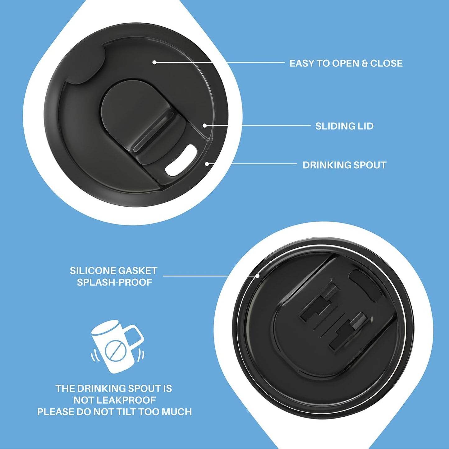 Ideus Vacuum Insulated Coffee Mug, 16oz Reusable Stainless Steel Thermal Double Walled cup with Handle and Slider Lid for Hot & Cold Beverages, BPA Free (Blue Zebra)