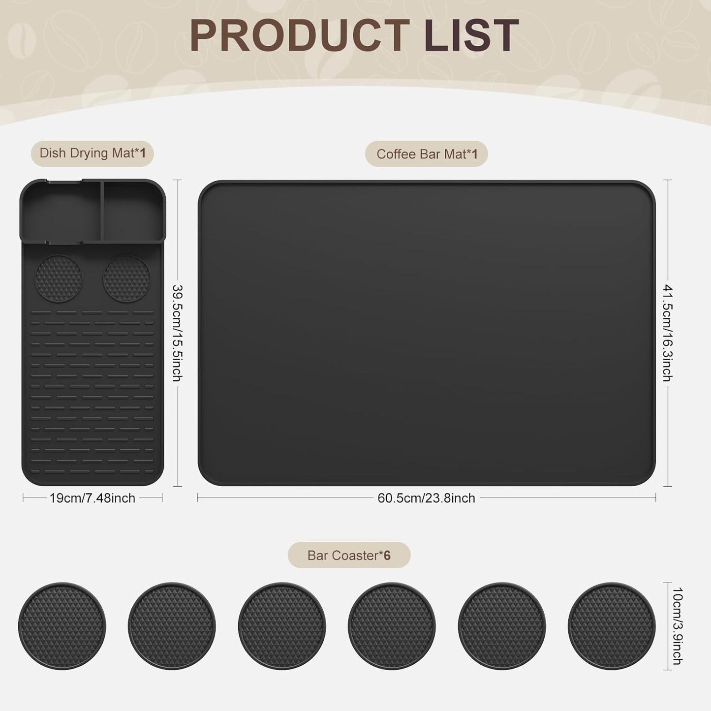 24''x16'' Silicone Coffee Mat with 6PCS Coasters,Counter Bar Mat with Detachable Dish Drying Mat for Kitchen Countertops,Coffee Bar Accessories (Black, 24 x 16 inches)