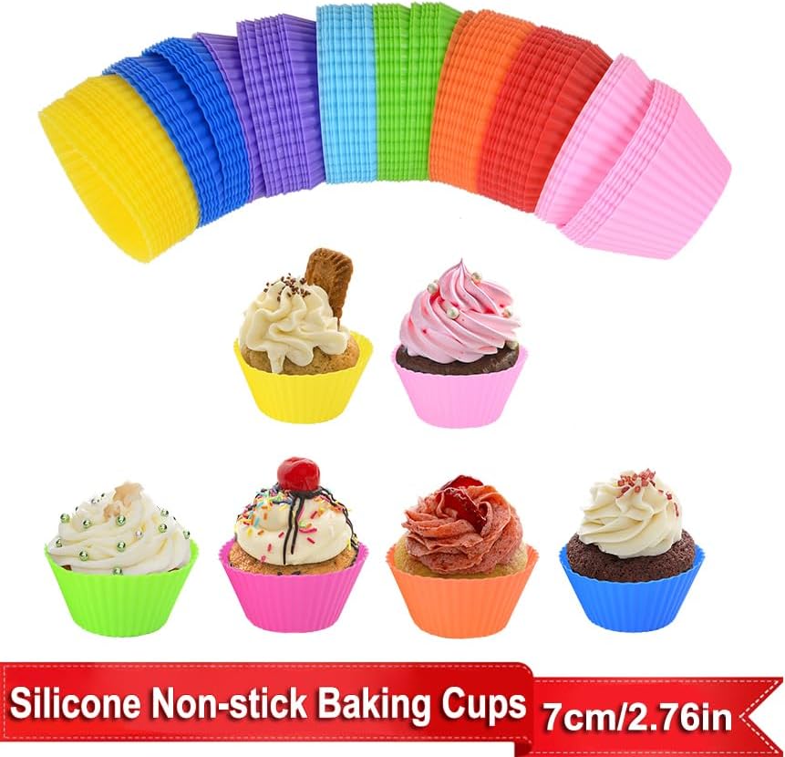 AKOAK Reusable Silicone Non-stick Baking Cups, Cake Molds, Kitchen Baking Cooking Accessories, DIY Cake Making Tools - Pack of 10 (Red)