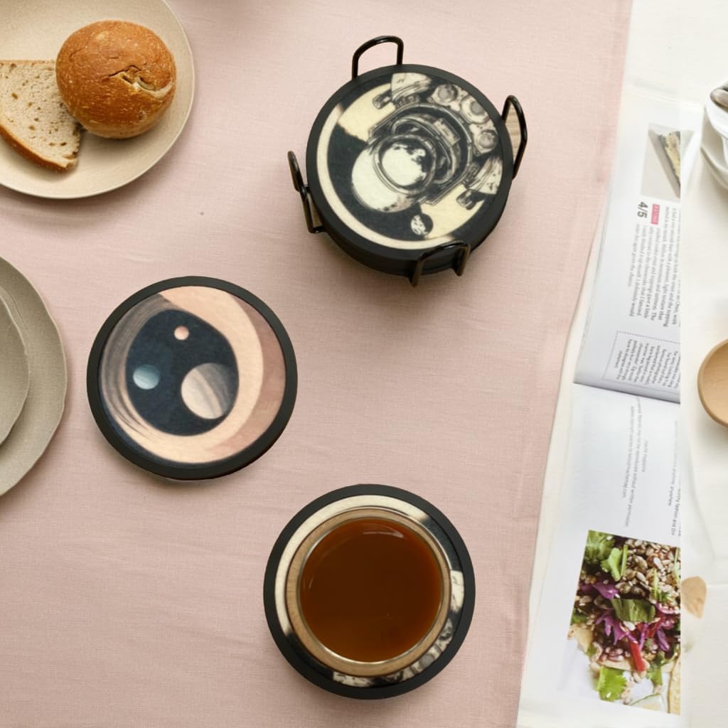 Absorbent Coasters for Drinks with Holder - 6packs, Silicone Coaster with Soft Felt Insert (4.3 inch Coasters with 4.5 inch Holder, Dual-Sided Space -Themed Patterns)