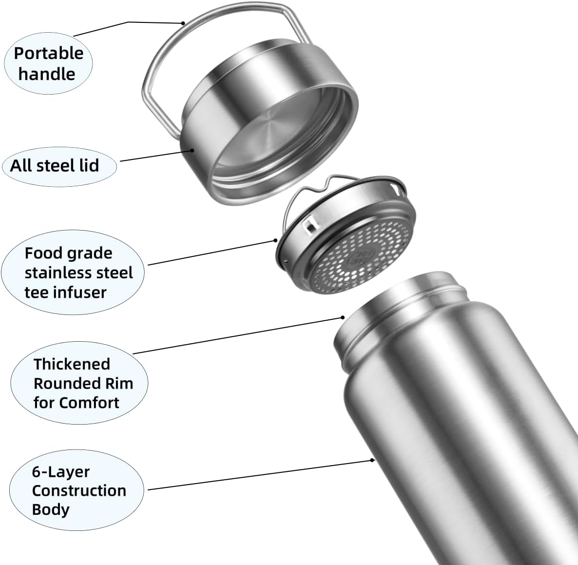 Vacuum Insulated Stainless Steel Water Bottle with Tea Infuser - Wide Mouth,BPA-Free, Leak- Proof,Keeps Cold 24H/ Hot 12H- Ideal for Travel,Office, Gym (12oz)