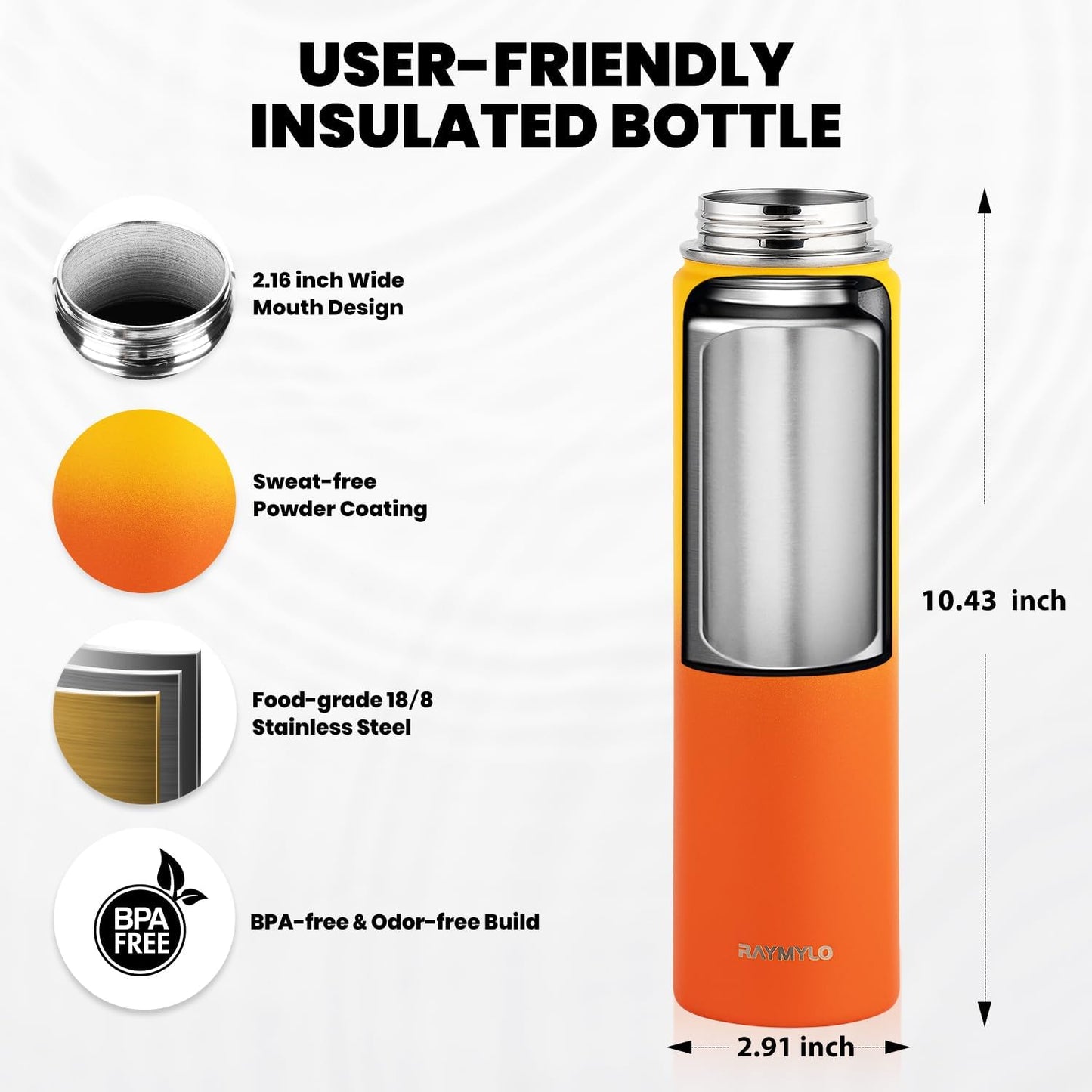 Insulated Water Bottle 24oz, Triple Wall Vacuum Stainless Steel (Cold for 48 Hrs, Hot for 24Hrs), Leak Proof & Non-BPA, 24oz Hydro Water Flask with Paracord Handle & Straw Spout Lids