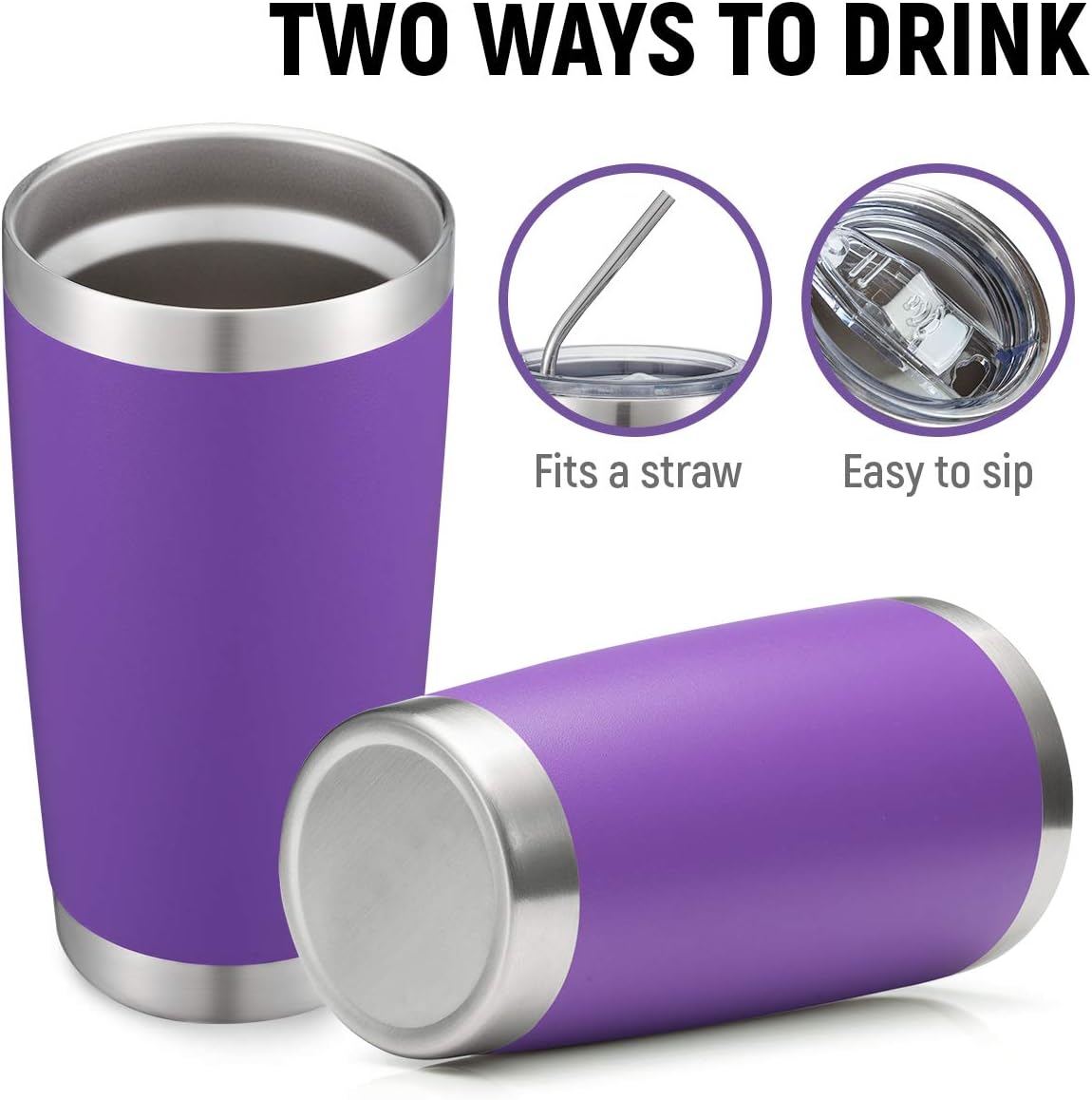 COMOOO 20oz Double Wall Vacuum Insulated Travel Mug, Stainless Steel Tumbler with Lid and Straw Durable Powder Coated Insulated Coffee Cup for Cold & Hot Drinks (Purple. 2 Pack