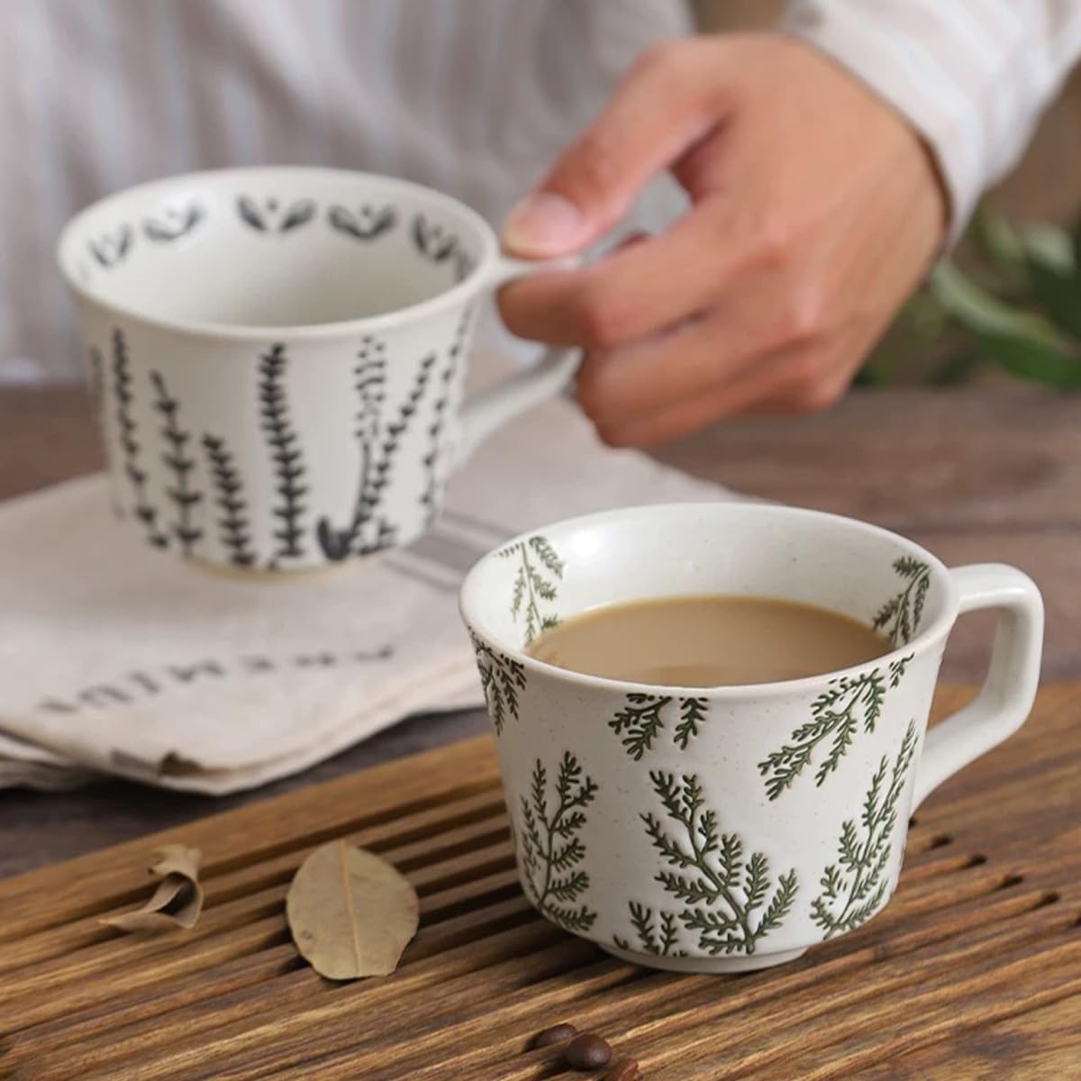 Ceramic Mug Set of 4 with Coffee Spoon, 11oz - Vintage Coffee Mug Cups for Coffee Milk Latte Cappuccino Tea, Porcelain Coffee Cups Dishwasher Microwave Freezer Safe Stoneware