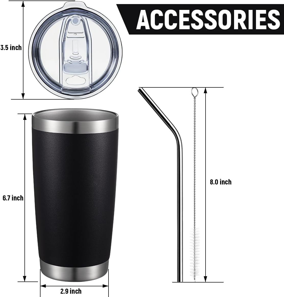 COMOOO 20oz/8Pack Black Tumbler Double Wall Vacuum Insulated Coffee Travel Mug Stainless Steel Tumbler with Lid and Straw Coffee Cup for Cold Drinks & Hot Beverage, Home and Outdoor (Black, 8 Pack)