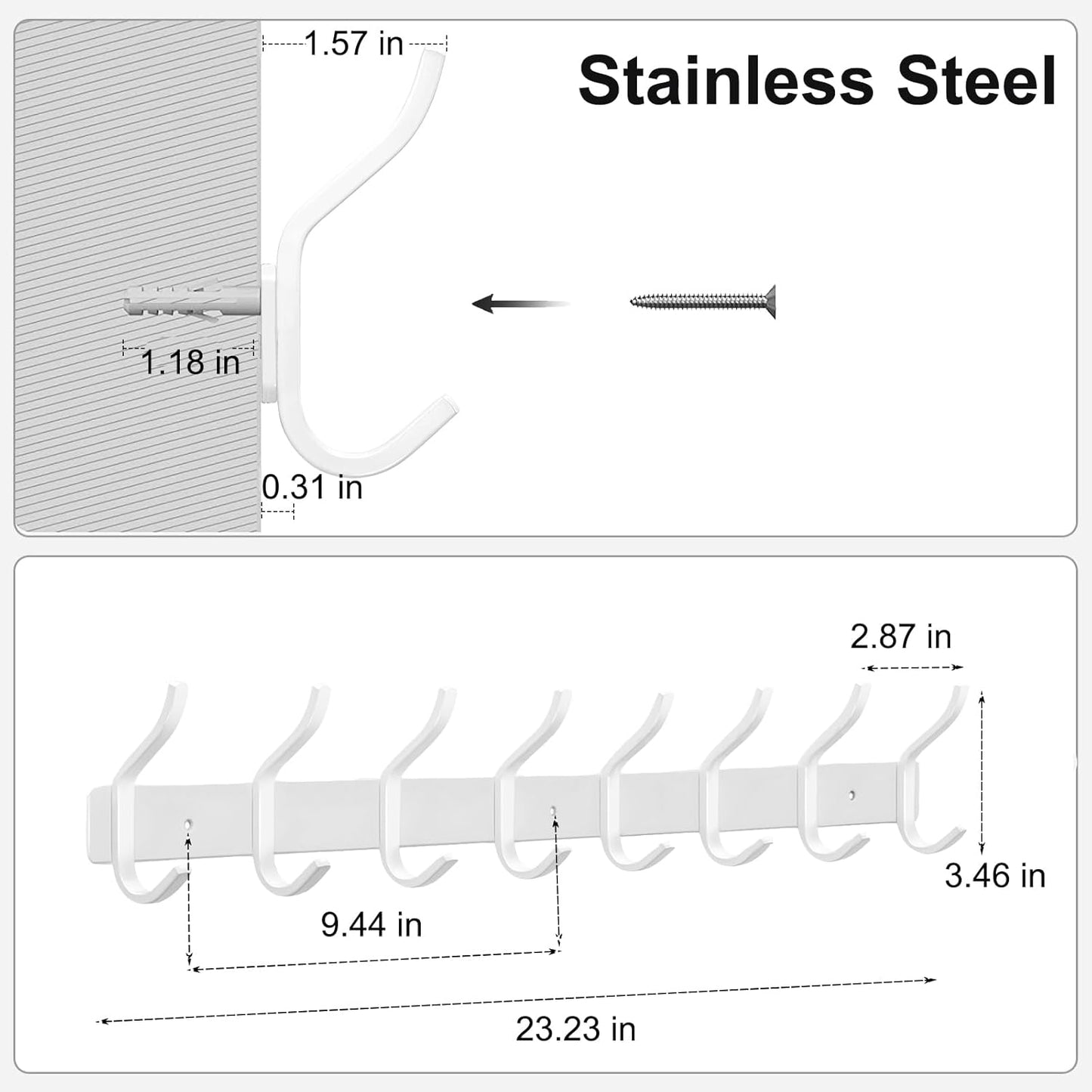 White Wall Hooks Heavy Duty, 23 Inch Coat Hooks Wall Mount with 8 Hooks, Wall Hooks Hangers for Entryway, Bathroom - for Hanging Backpack, Bag, Coat, Purse, Hat, Towel, Clothes