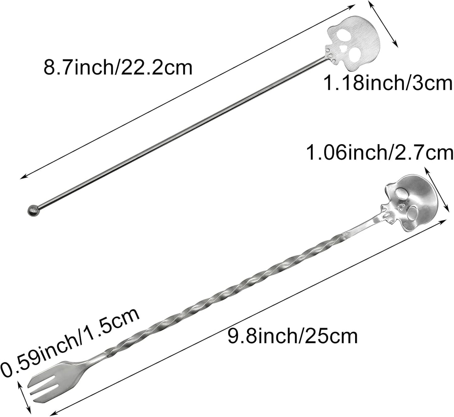 4Pcs Skull Swizzle Stick Bar Spoon Set Reusable Mixing Spoon 18/10(304) Stainless Steel Coffee Stirrer for Bar Home Halloween Party Stirring Cocktail Beverage Drinks