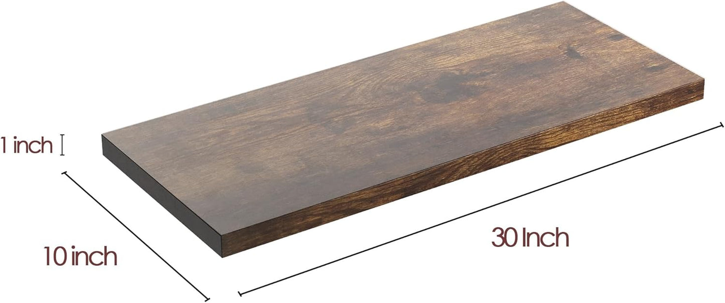 Wall Shelf Set of 1, Rustic Brown Floating Shelves 30 in W x 10 in D x 1 in H, Wooden Floating Wall Shelf with Invisible Brackets for Living Room/Bedroom/Bathroom/Kitchen Storage and Decor