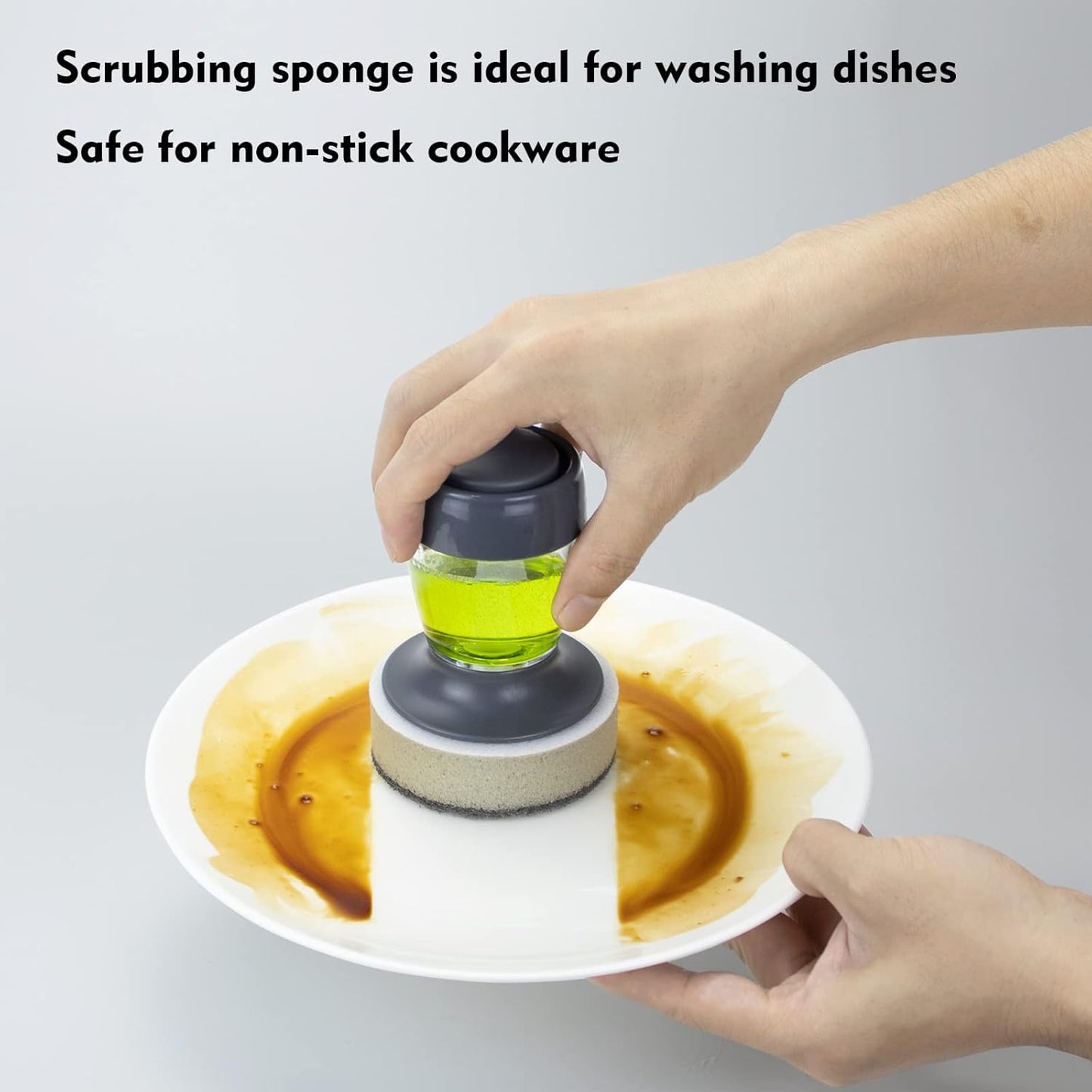 Dish Brush with Soap Dispenser, Kitchen Scrub Brush for Dishes Pots Pans Sink Cleaning, Scrub Sponge Dish Scrubber with Holder Set (Grey Handle & Scrub Sponge)