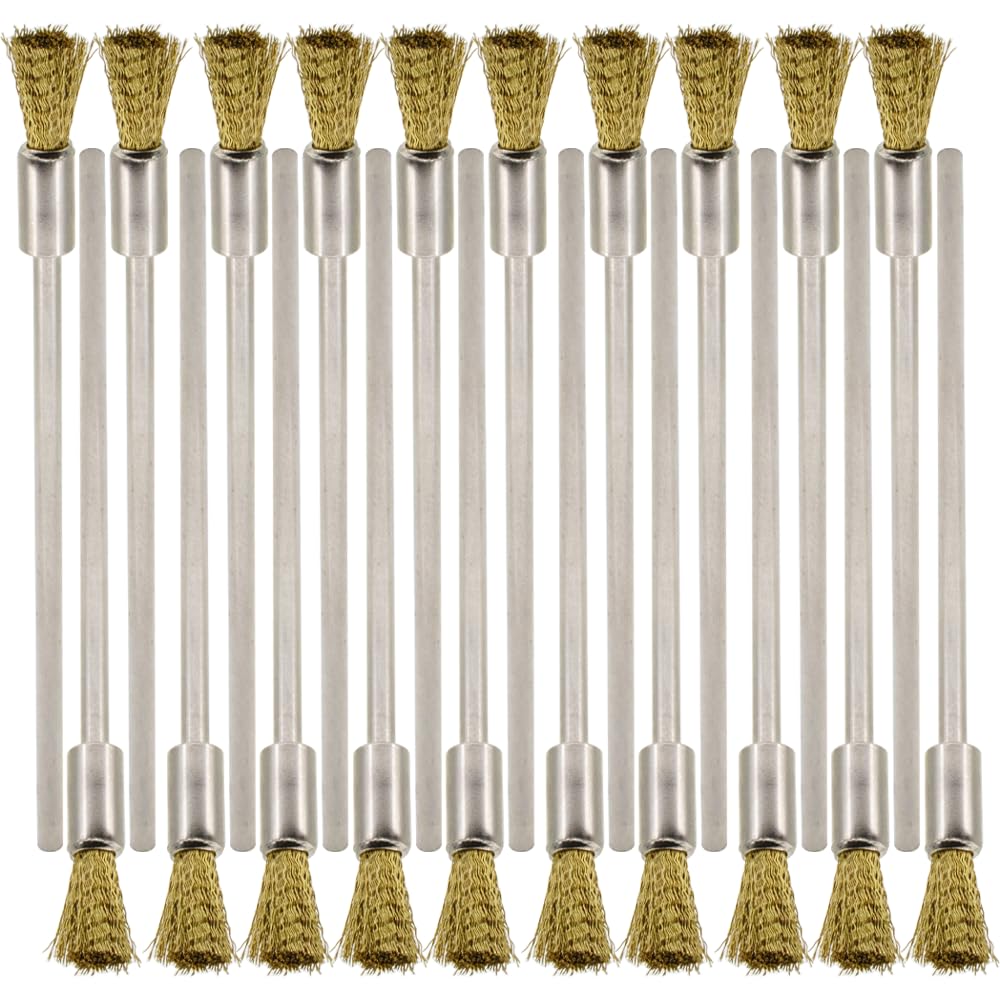 20PCS Brass Wire Brushes with Extended Handle - Metal Rust Removal, Polishing, Cleaning - 6mm Diameter, 1/8″ (3mm) Shaft, 100mm Length - Removes Burrs, Dust, and Oxide Layer - Rotary Tool Accessories