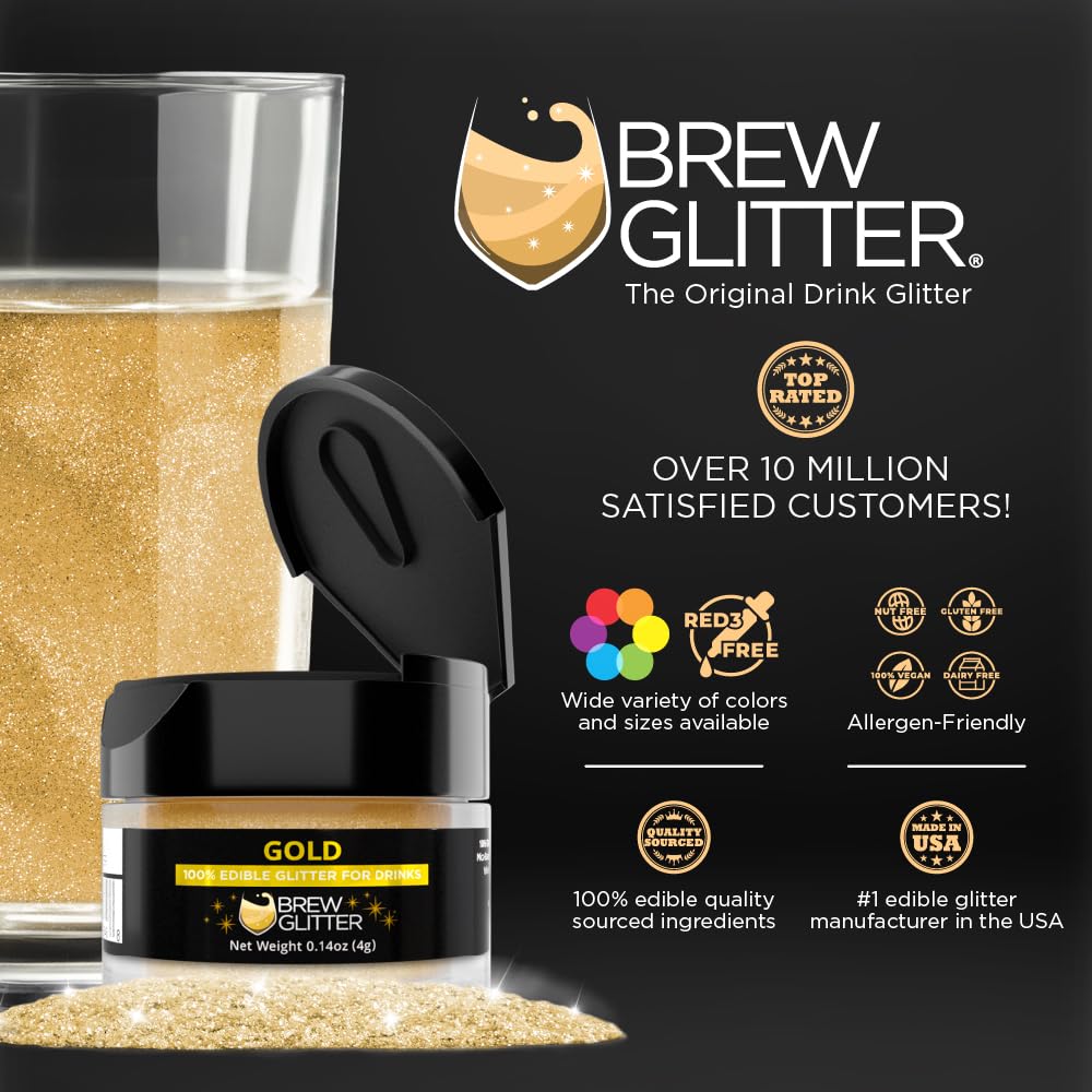 Brew Glitter Gold Edible Drink Glitter 1x 4g Jar for Cocktails, Beer, & Beverages