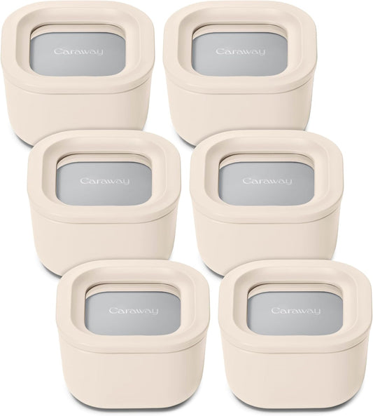 Caraway 6pc Food Storage Container Set - 1.75 Cup Glass Storage Container for Food (6) - Non-Toxic Ceramic-Coated Glass - Air Release Technology - Compact & Stackable Design - Cream