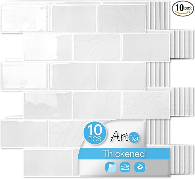 Art3d Peel and Stick Wall Tiles in White Marble– 10-Pack of 12 x12 Thickened by Art3d