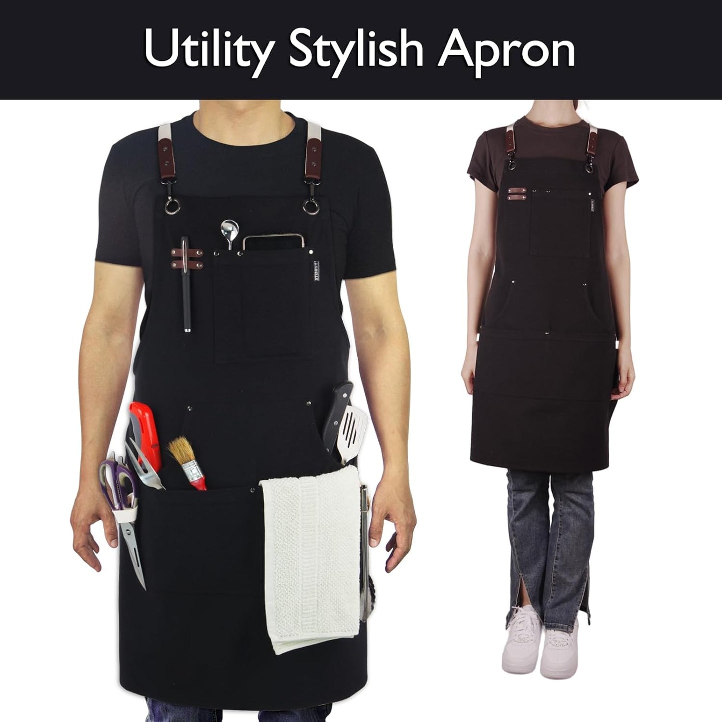 5 Pack Kitchen Apron, Work Apron, Canvas, Multiple Pockets, Gardening, Painting, BBQ, Artist, Carpenter, Sizes M to XXL, Black