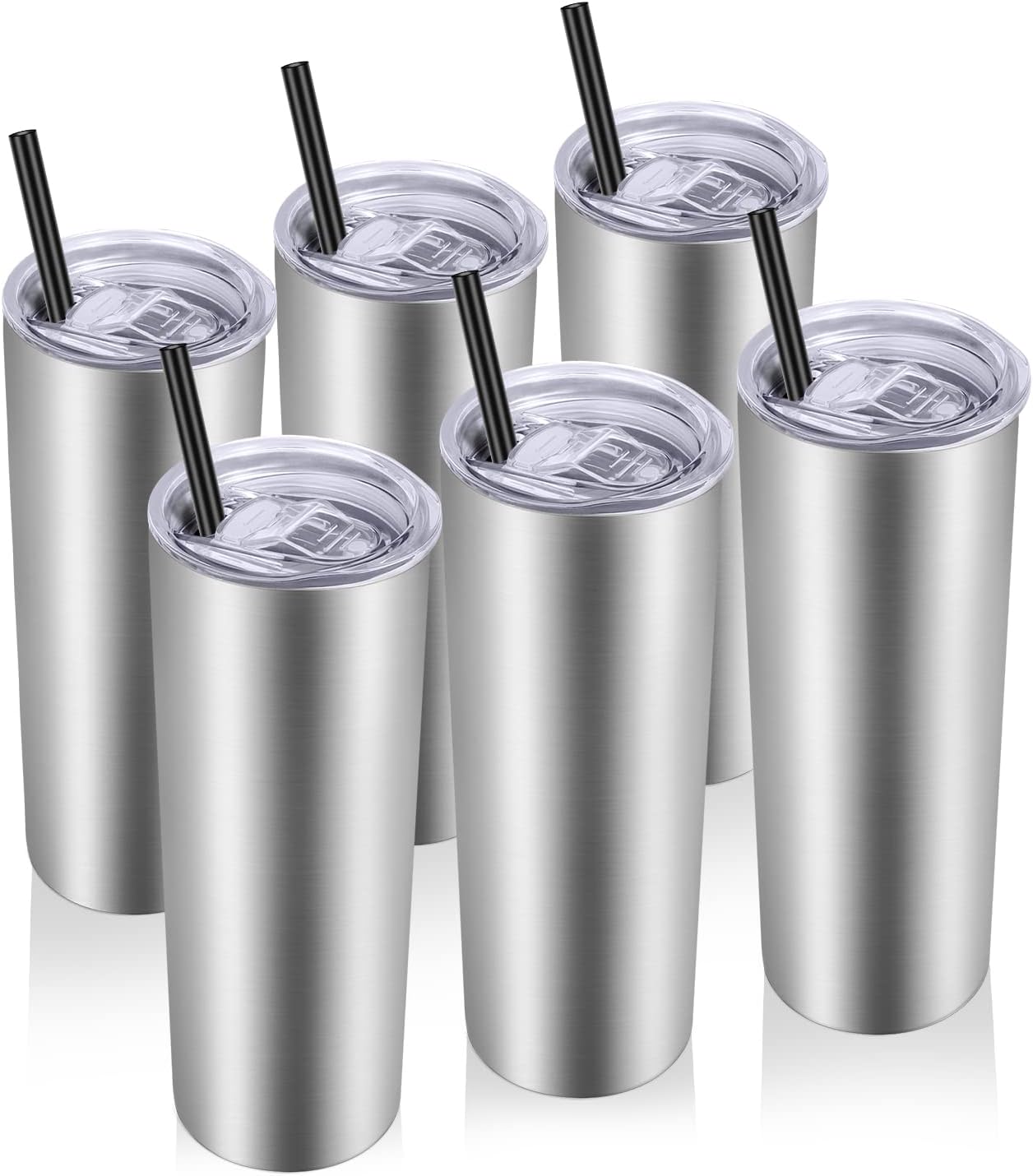 VEGOND Stainless Steel Tumblers Bulk 6 Pack, 20 oz Vacuum Insulated Skinny Tumblers with Lid and Straw, Double Wall Coffee Mug, Travel Water Cup