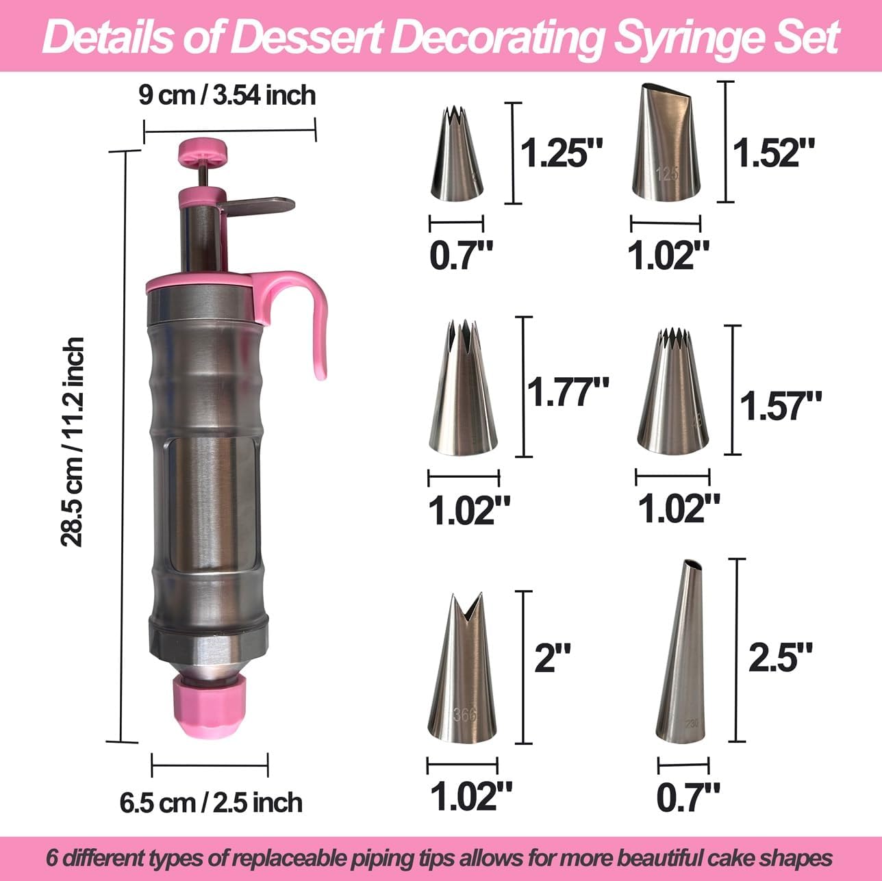Dessert Decorating Piping Syringe Set Cake Decorating Tool Cookie Gun Press,Icing Decoration Gun,Frosting Piping Kit 6 Piping Icing Nozzles for Baking,Decorating Cupcake,Deviled Eggs (Silver & Pink)