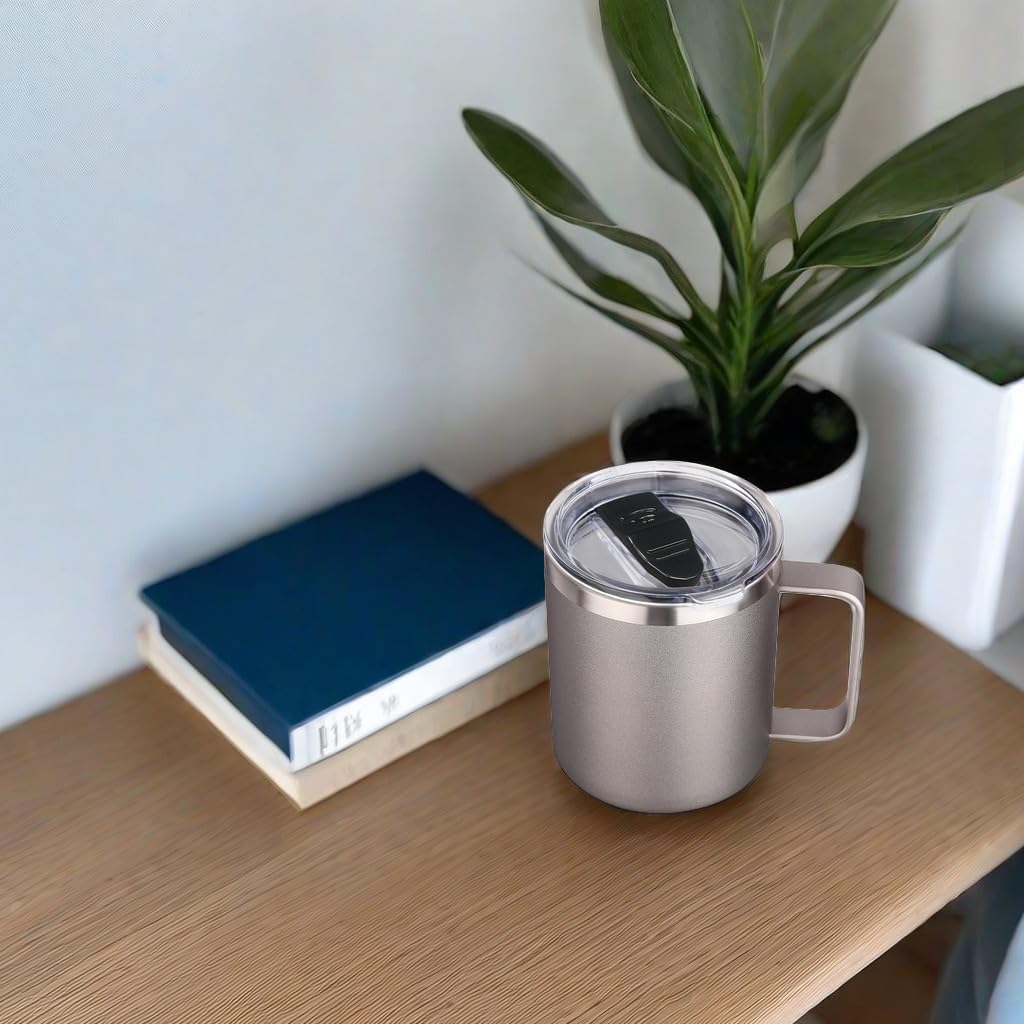 Volhoply 14oz Insulated Stainless Steel Coffee Mug with Lid Bulk 4 Pack,Double Wall Vacuum Travel Coffee Cup with Handle,Reusable Cups Tumbler Cup,Camping Mugs Keep Hot,Ideal Gifts(Gray,4 Set)